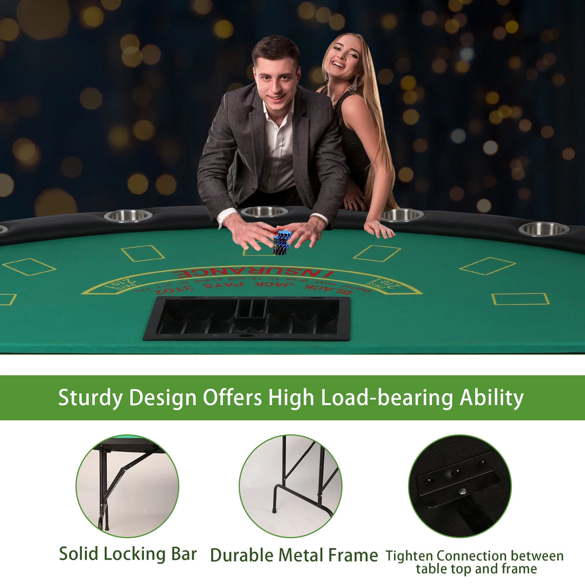 Folding Poker Table for 7 Player, 71" Blackjack Table with Foldable Legs and Removable Metal Cup Holder, Green Felt F958