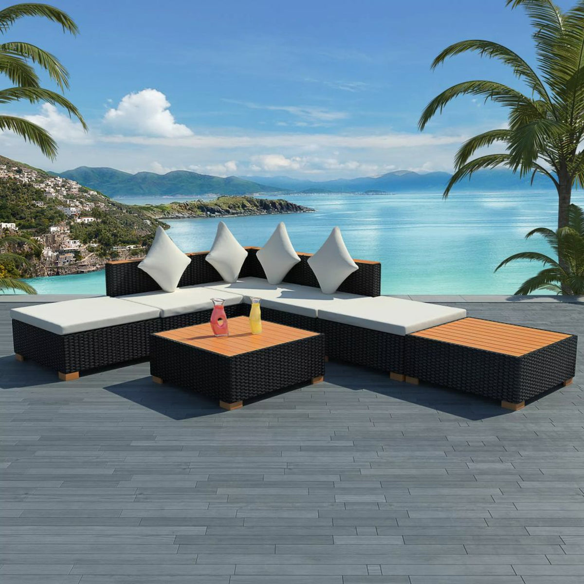 7 Piece Outdoor Sectional Sofa Set with Coffee Table and Ottoman Black Poly Rattan O77806