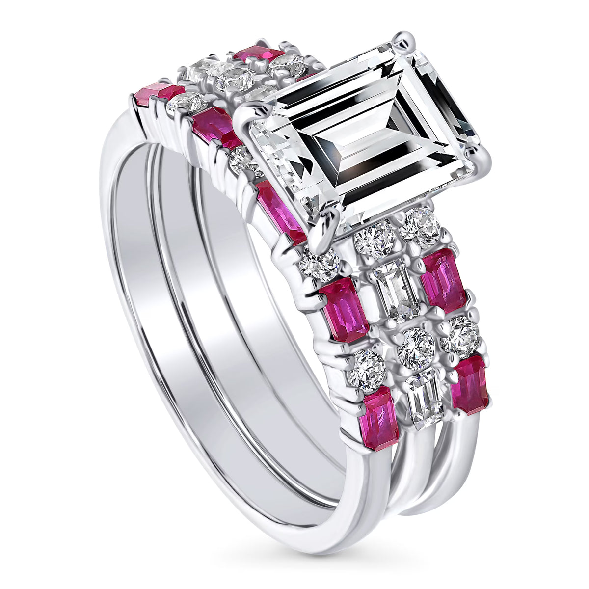 Sterling Silver Emerald Cut Cubic Zirconia Art Deco Ring Set, Rhodium Plated Size 10 B931624