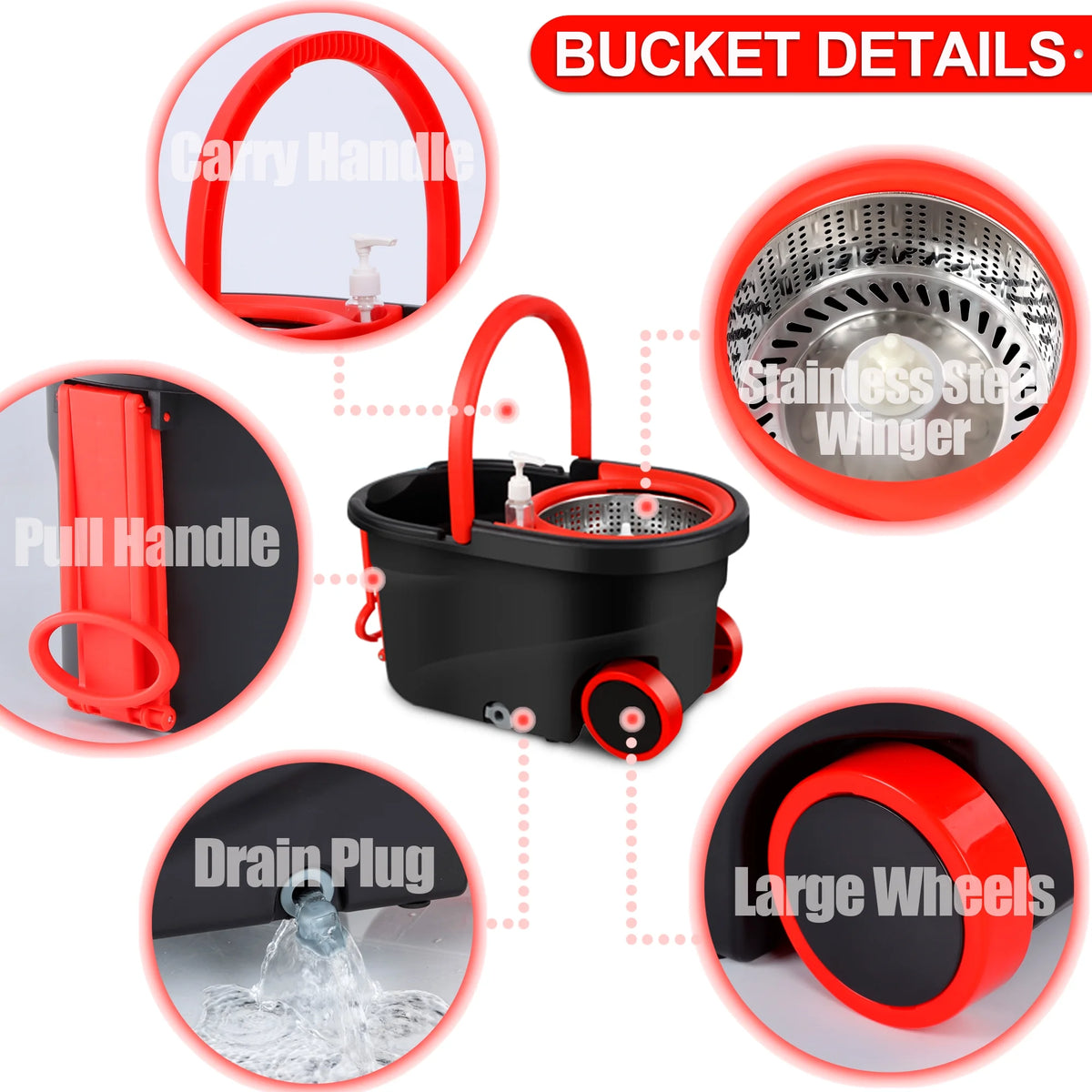 360° Spin Mop Bucket with Wringer, 3 Microfiber Mop Heads U29952