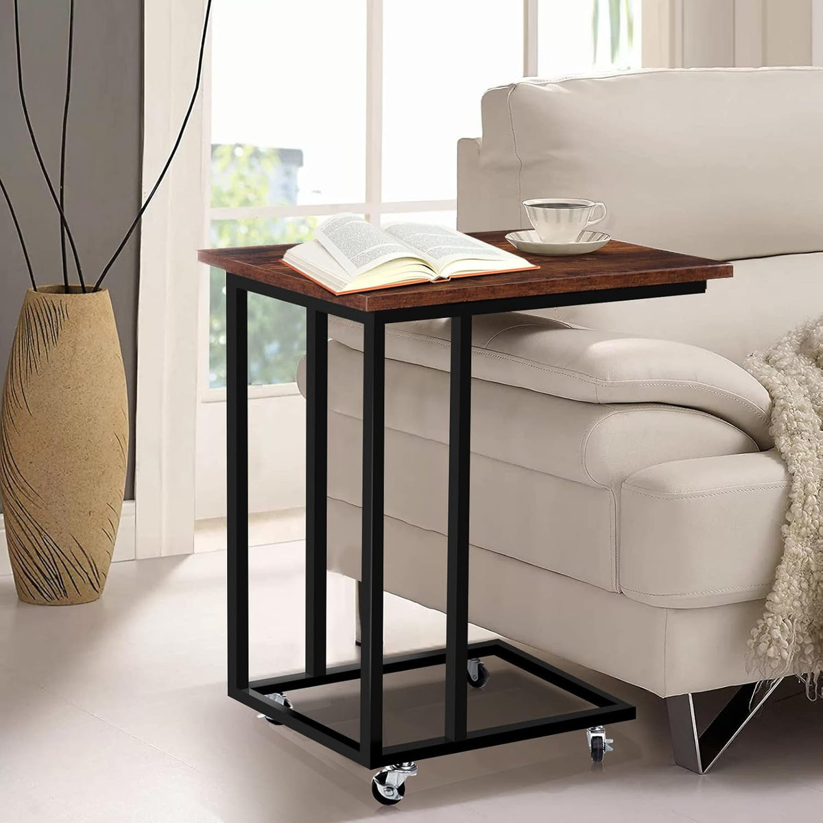 Rustic C Table with Metal Frame and 4 Rolling Casters T32164