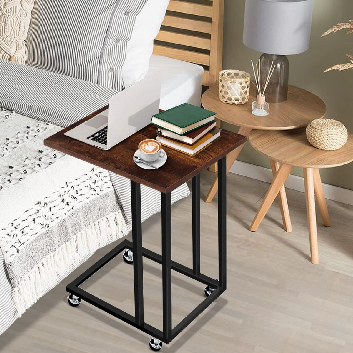 Rustic C Table with Metal Frame and 4 Rolling Casters T32164