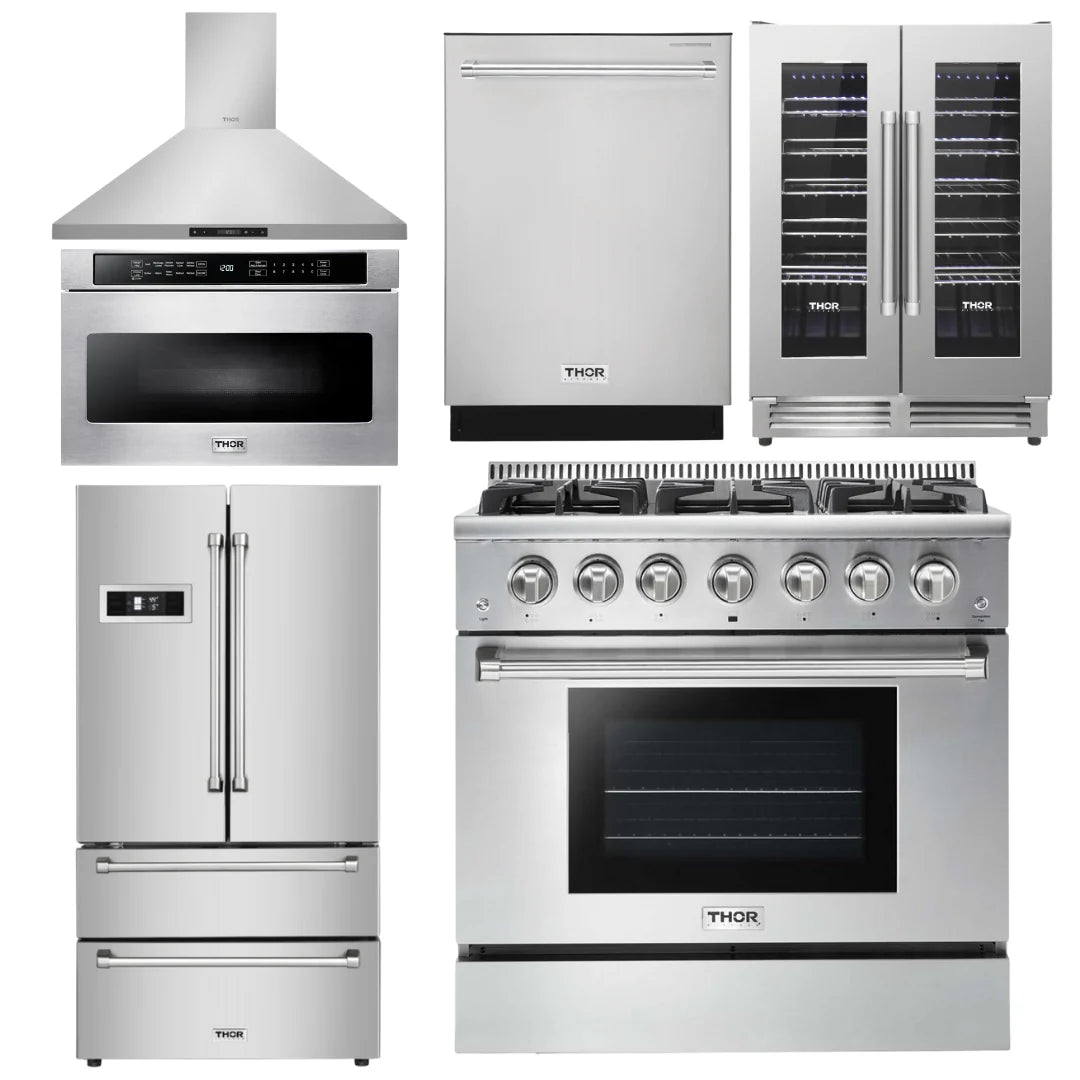 36 Gas Range, Range Hood, Microwave, Refrigerator, Dishwasher, Wine Cooler H3843