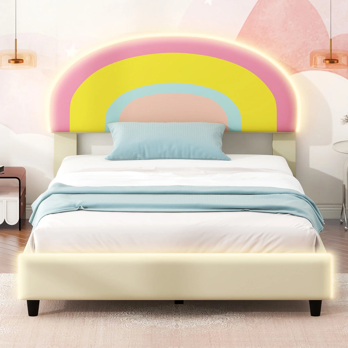 Twin Size Upholstered Platform Bed with Rainbow Shape Headboard and Lights U6485