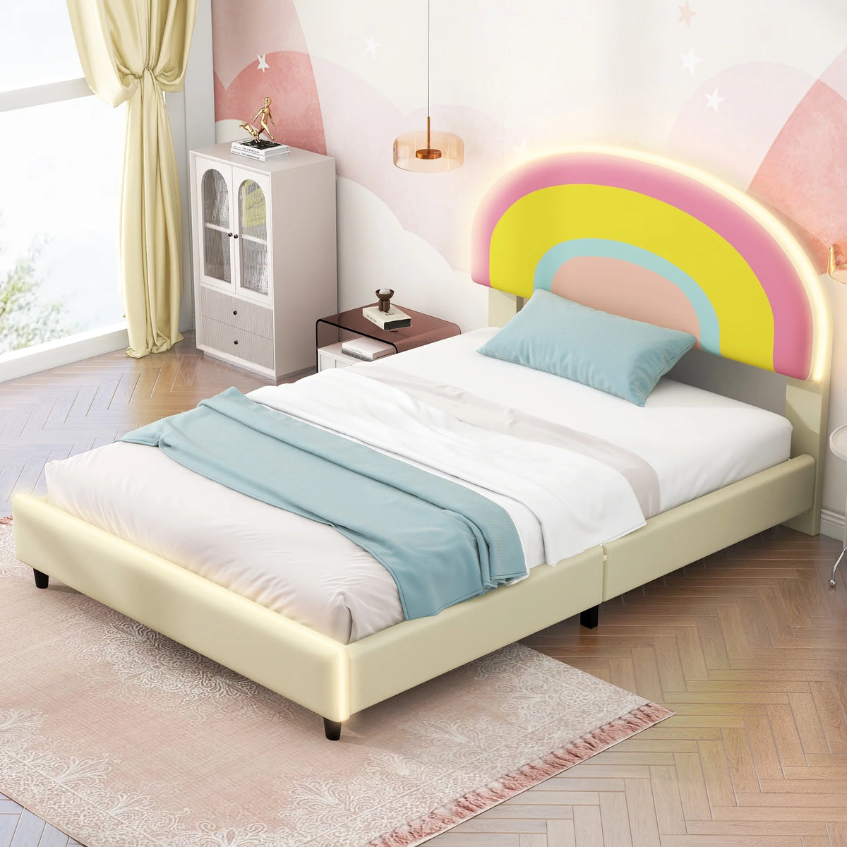 Twin Size Upholstered Platform Bed with Rainbow Shape Headboard and Lights U6485