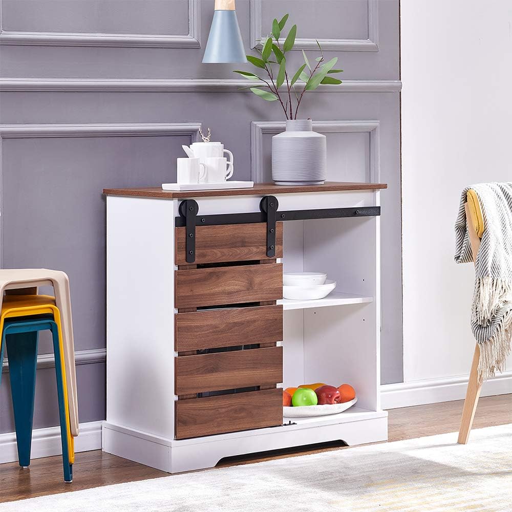 White+Dark Walnut Barn Door Buffet Console Table with Sliding Door V22459