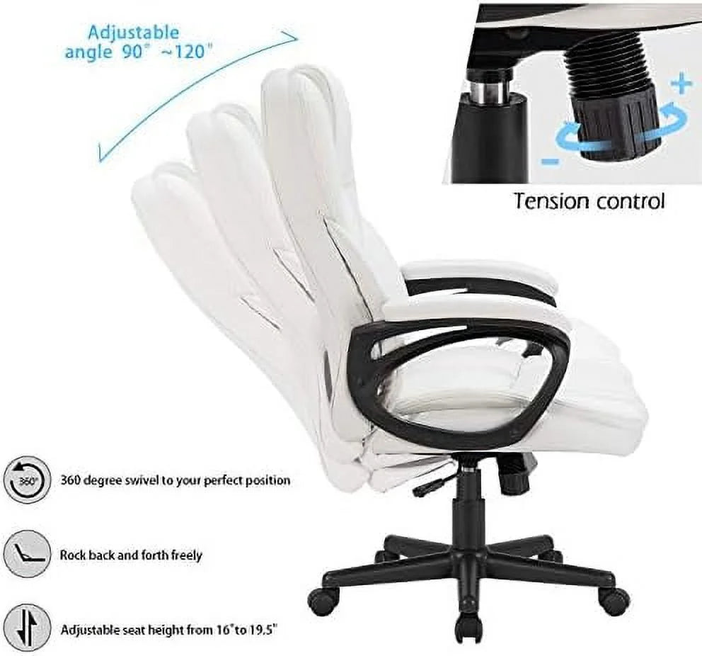 White High Back Adjustable PU Leather Office Chair with Lumbar Support B9420