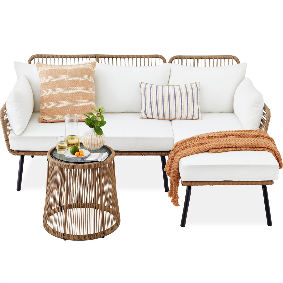 White L-Shaped Rope Woven Sofa Set with Table T7212