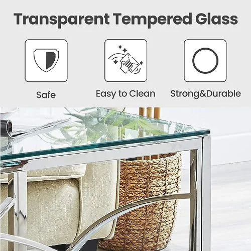 Glass End Table Set of 1 Square Tempered Glass Stainless Steel Side Table L186787