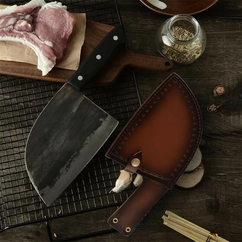 6.7 inch Hand Forged High Carbon Steel Butcher Knife with Leather Sheath C299