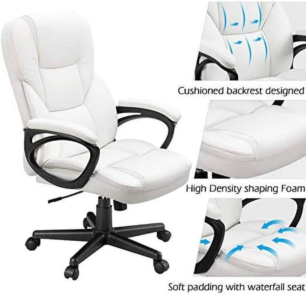 White High Back Adjustable PU Leather Office Chair with Lumbar Support B9420