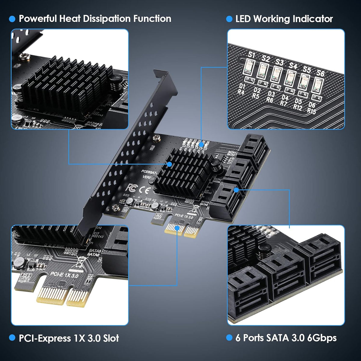 6 Port SATA 3.0 PCIe Controller Card with 6 SATA Cables W531117