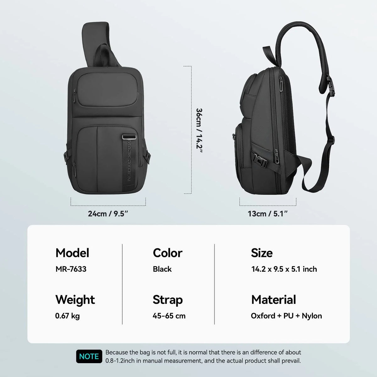 Waterproof Sling Backpack with USB Charging Port and Adjustable Strap F602