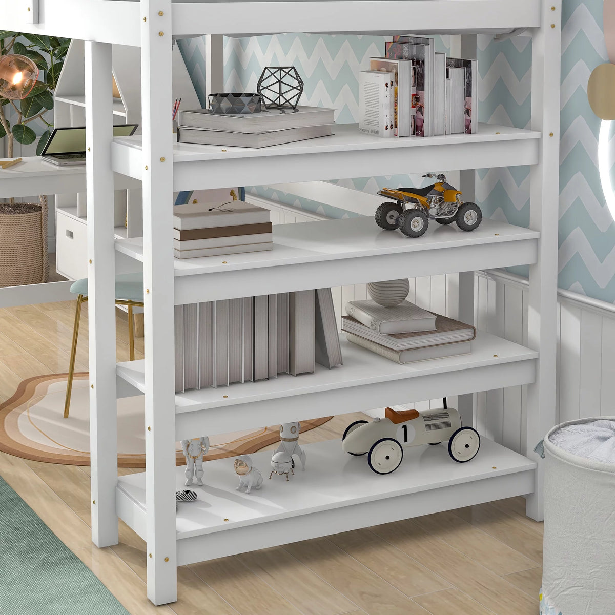 White Twin Loft Bed with Desk, Ladder, Shelves U775771