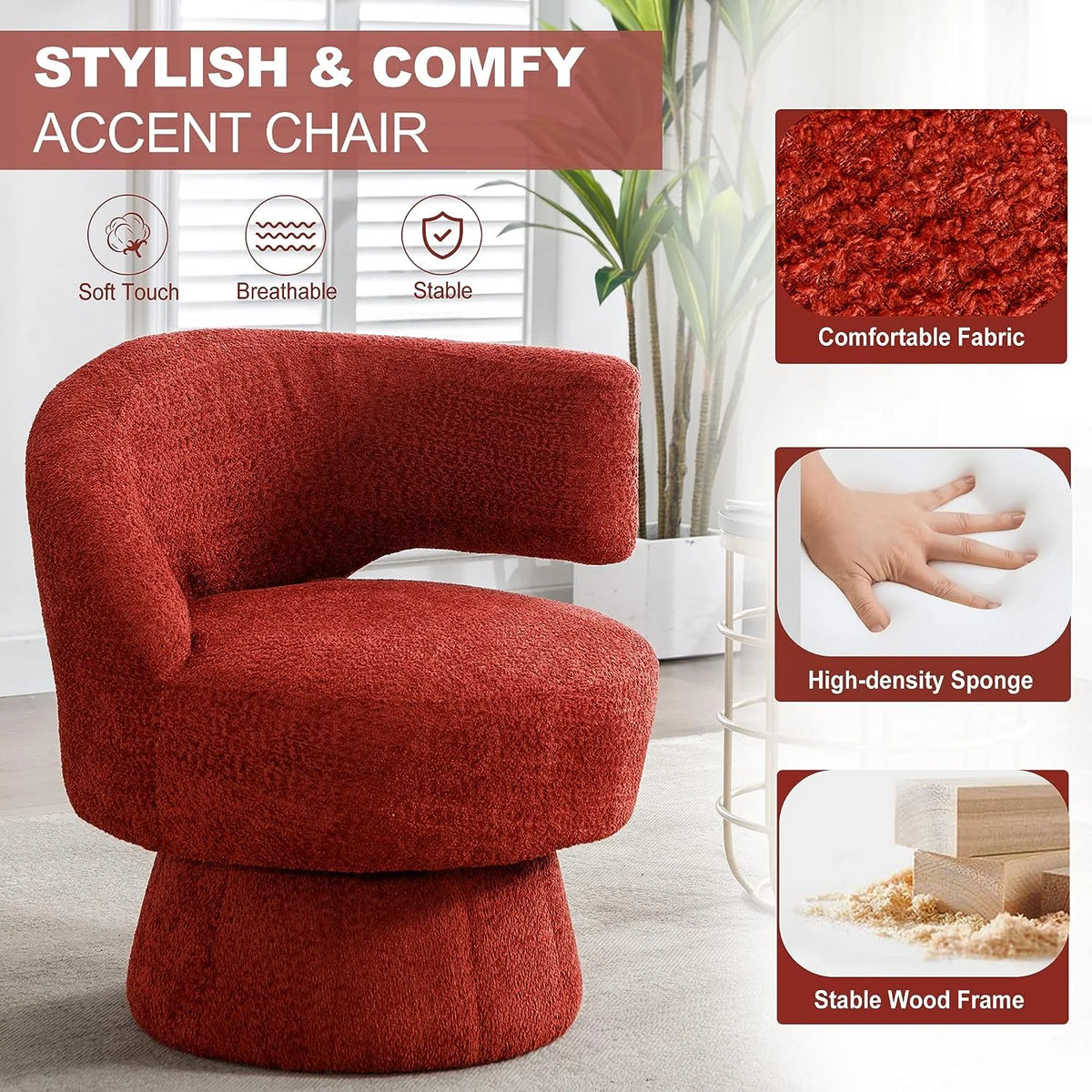 Red Fuzzy Teddy Upholstered Swivel Accent Chair I7316