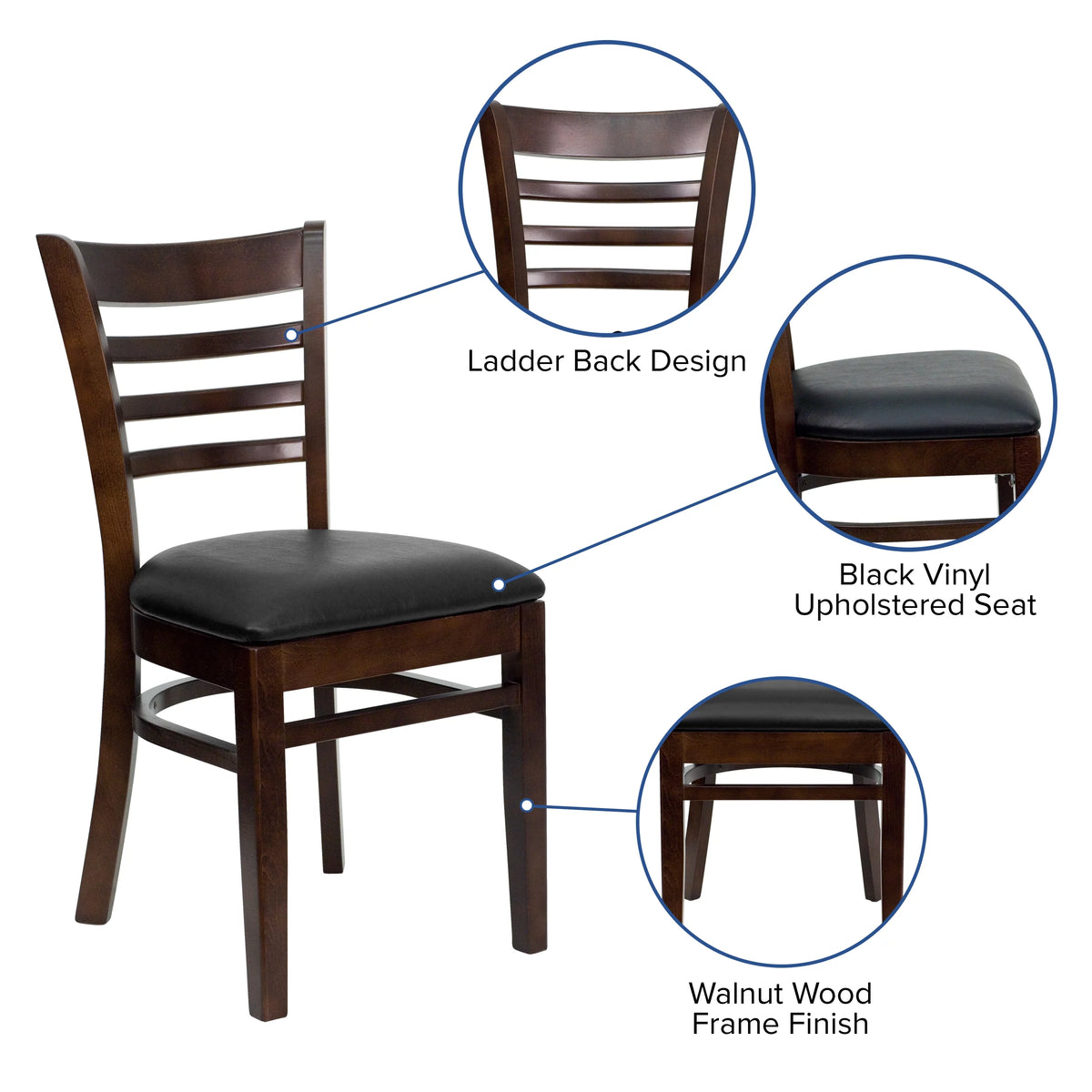 Ladder Back Walnut Wood Chair with Black Vinyl Seat X801970