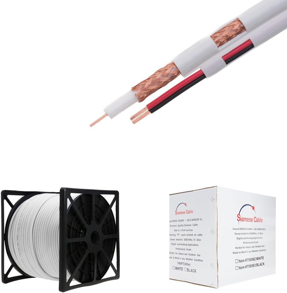 500FT Black Bulk Siamese RG59/U Cable, 20AWG + 18/2AWG, 95% Shielding, CCTV Video Wire, Pack of 2 O34346