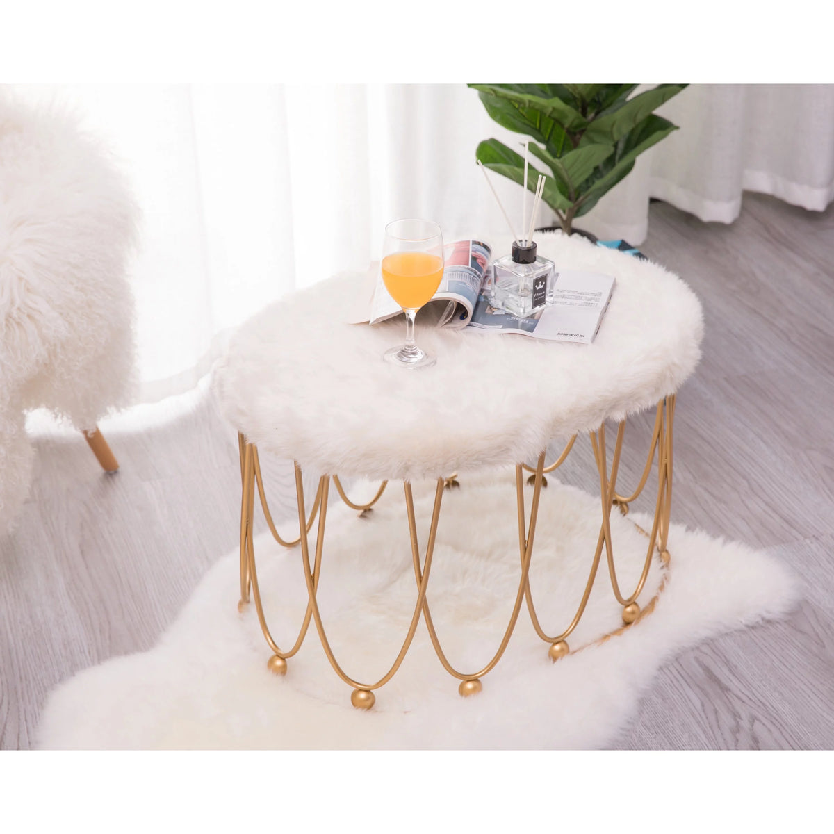 Gold Metal Side Accent Table Stools with White Fur Top Seat G455