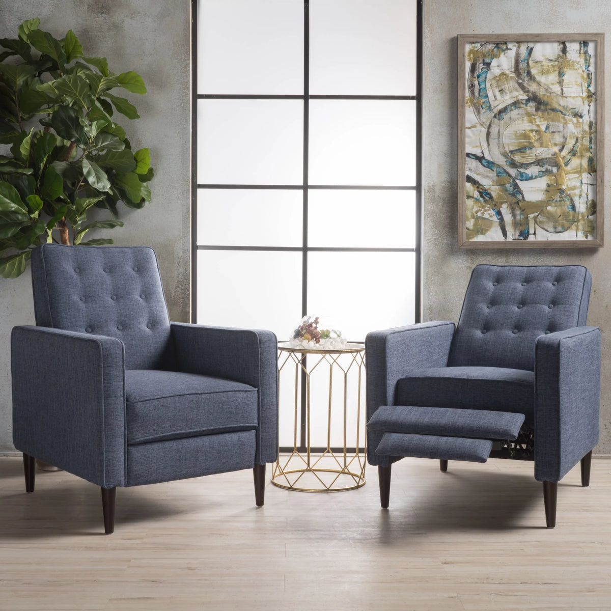 Dark Blue Fabric Recliner Set of 2 N12343