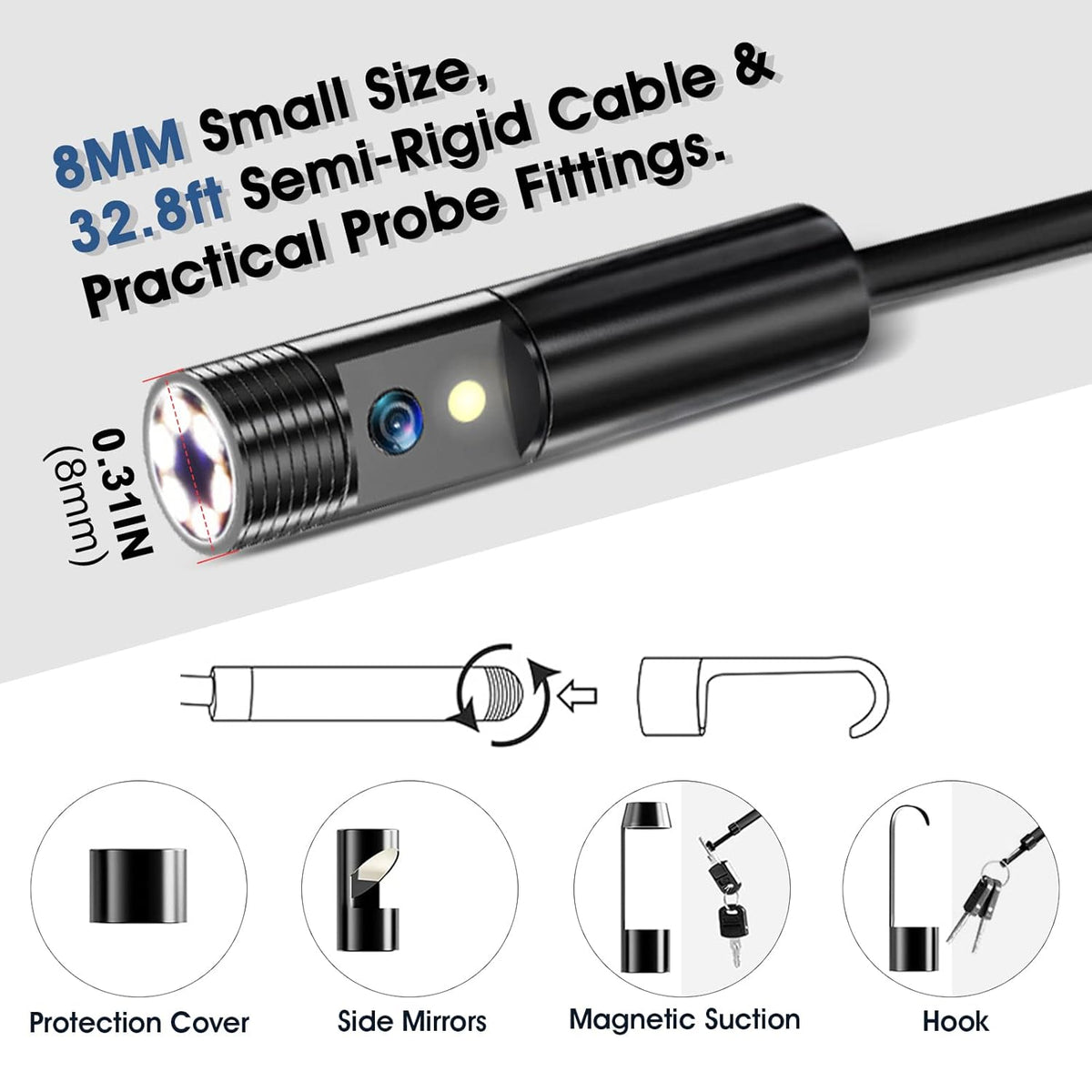 Dual Lens Industrial Endoscope with Flashlight, 4.3 LCD Screen 8mm IP67 Waterproof Detachable Snake Camera 32.8ft S54680