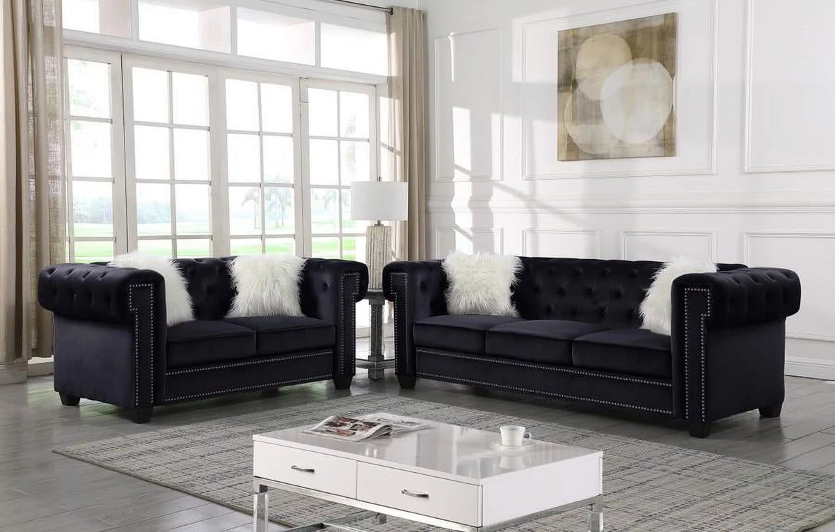 Black Tufted Velvet Sofa Set 2Pcs H84403