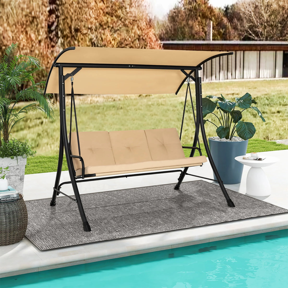 3 Person Patio Swing Chair with Cushions and Canopy T4993