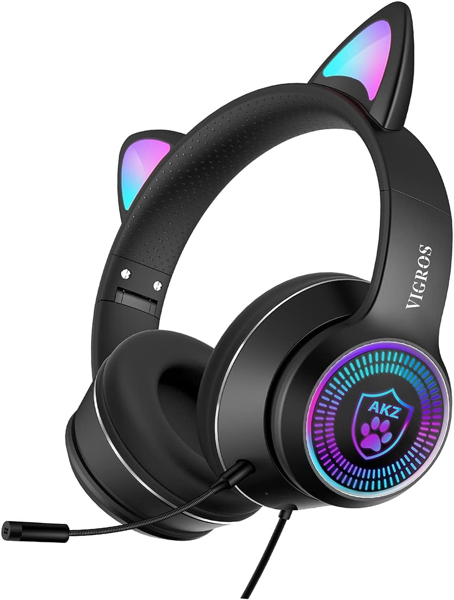 Cat Ear Gaming Headphones Wired AUX 3.5mm with LED Light, Over-Ear Headsets with Microphone X599648
