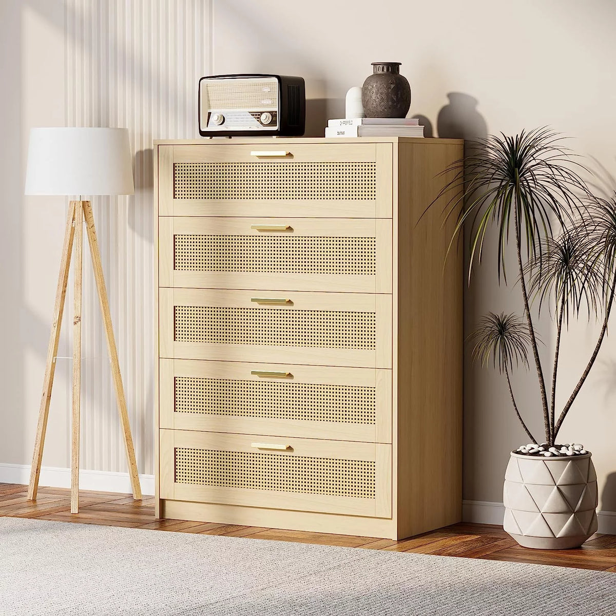 Rattan 5 Drawer Wood Dresser J420083
