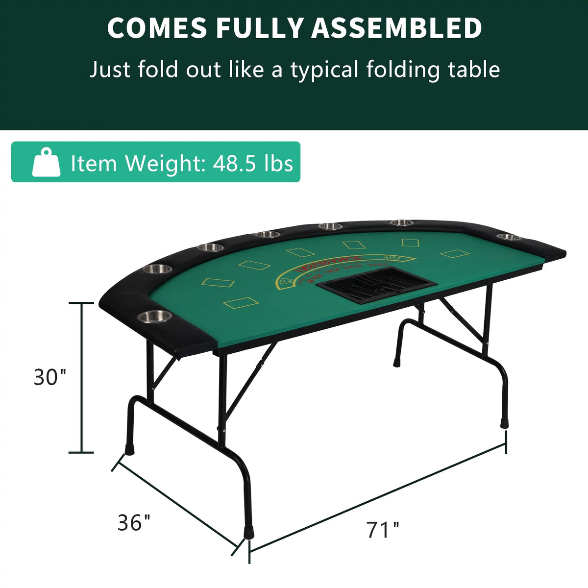 Folding Poker Table for 7 Player, 71" Blackjack Table with Foldable Legs and Removable Metal Cup Holder, Green Felt F958